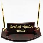 yeni işyeri hediyesi ahşap çift kalemli masa isimlik